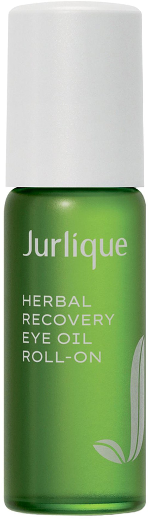 Eine kleine grüne Flasche mit weißem Deckel, beschriftet mit 'Jurlique Herbal Recovery Eye Oil Roll-On'.