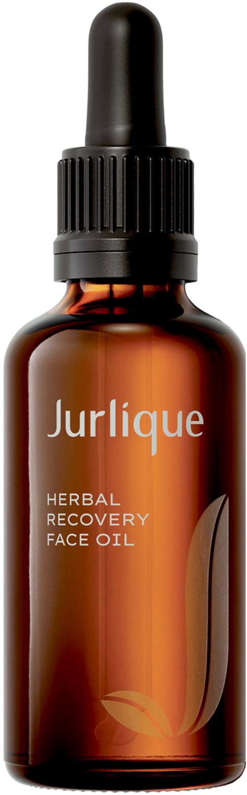 Een bruine fles met een zwarte druppelcap gemarkeerd Jurlique Herbal Recovery Face Oil.