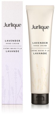 Eine Tube Jurlique Lavendel Handcreme mit Verpackung, beide weiß mit lila Text und Lavendelblume.