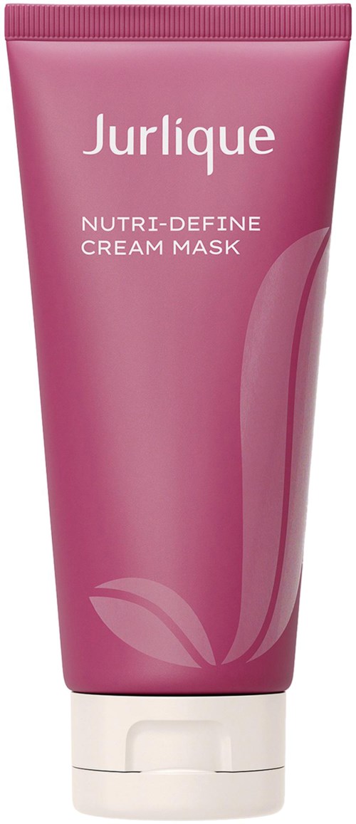 Röte Tube mit weißem Deckel, beschriftet Jurlique Nutri-Define Cream Mask, mit Blattdesign.