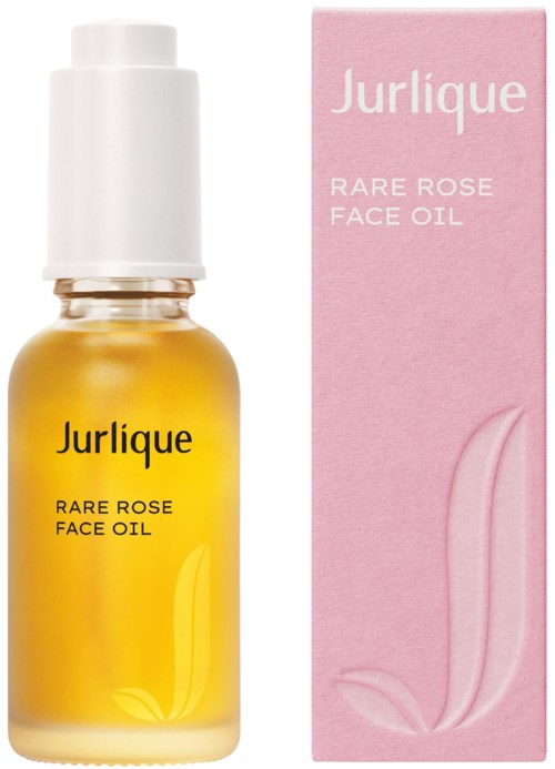 Pieni lasipullo keltaisella öljyllä, jonka etiketissä lukee 'Jurlique Rare Rose Face Oil', ja vaaleanpunainen laatikko.