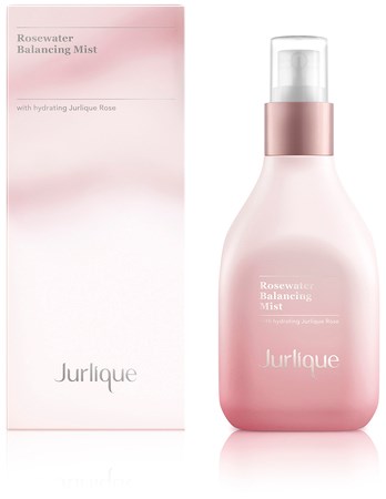 Rosa Flasche und Box mit Aufschrift Rosewater Balancing Mist und feuchtigkeitsspendende Junique Rose.