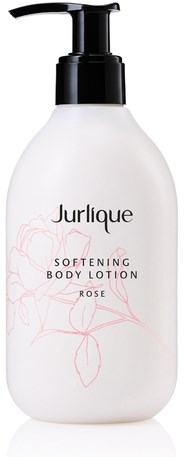 Eine weiße Flasche mit schwarzem Pumpkopf, beschriftet mit 'Jurlique Softening Body Lotion Rose'. Es hat einfache rosa Linienzeichnung.