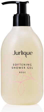 Eine beigen Flasche mit schwarzem Pumpenkopf, beschriftet "Jurlique Softening Shower Gel Rose" für die Körperreinigung.