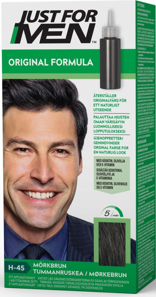 A hair dye box featuring a smiling man, green and black coloring, and text indicating it is a men's hair color product.
