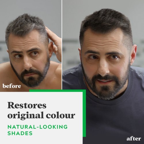 A man shows before and after hair color change, from grey to natural dark shades, with text about restoration and shades.