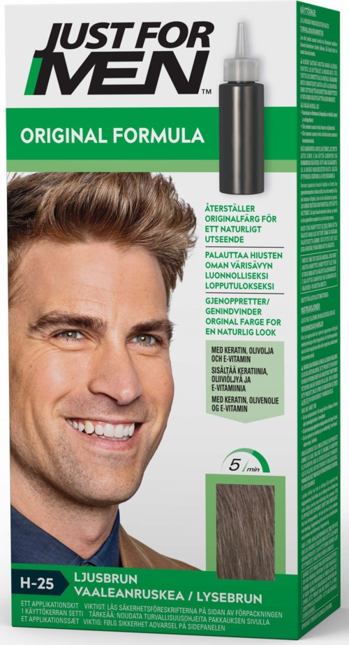 A box of men's hair dye with a smiling man, green and white packaging, and a small sample of hair color.