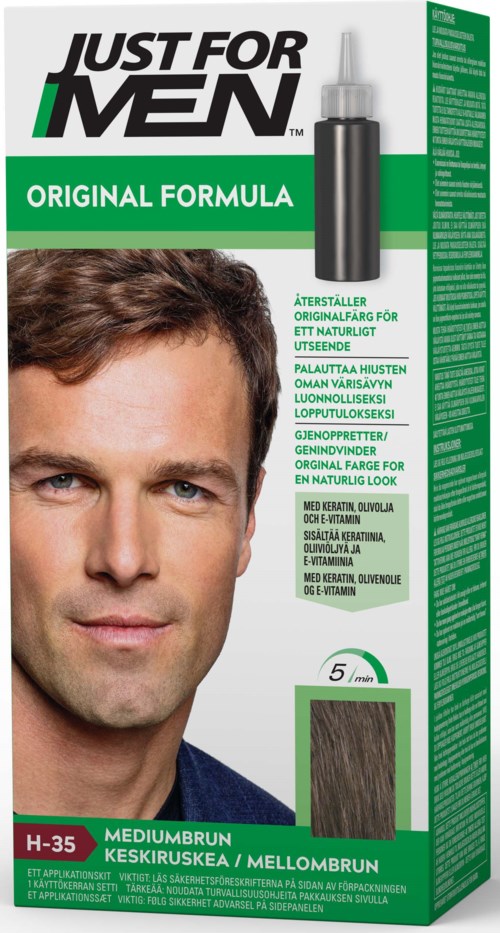 A box for men's hair dye with a man's face, green and white colors, and text in multiple languages about the product.