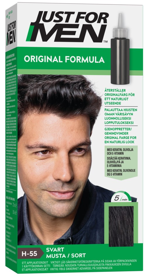 A man with dark hair on a product box labeled 'Just for Men' for hair coloring. The box is green and white.
