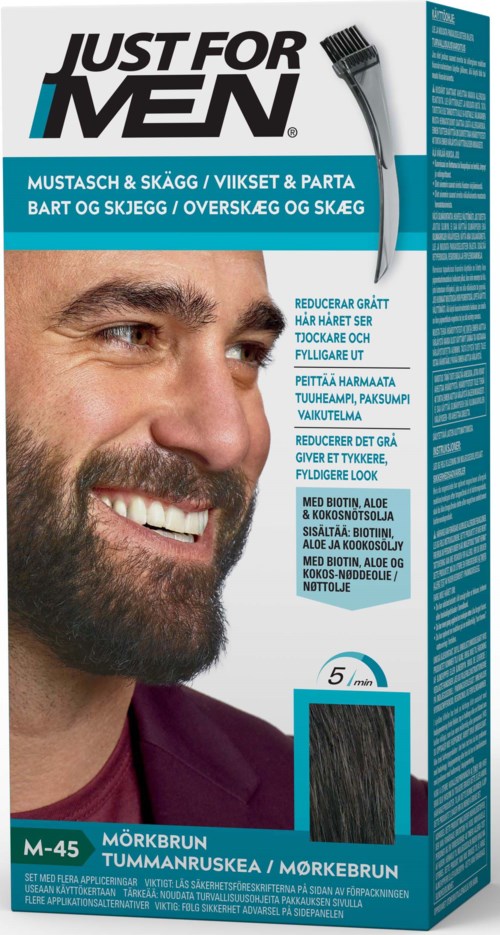 This is a box for men's beard dye, showing a smiling man with a beard on the front. It contains details about the product.