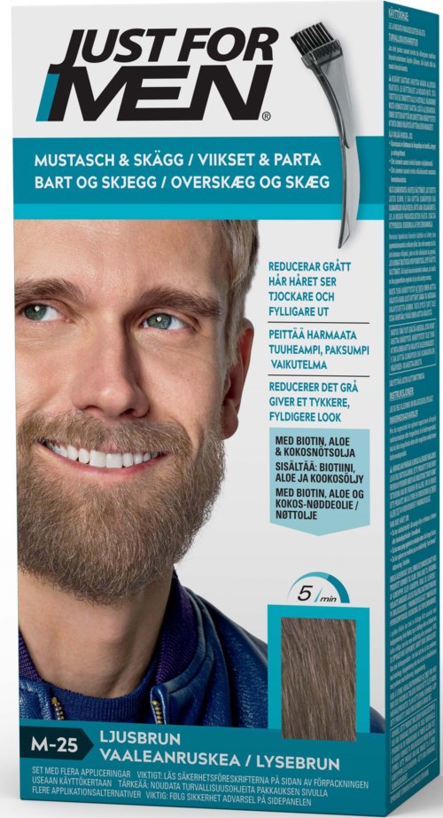 A box of men's hair dye with a smiling man and text in multiple languages.