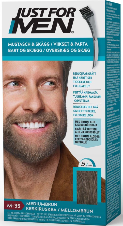 A man with a beard smiling, product packaging for men's beard dye, with text and color blue elements.