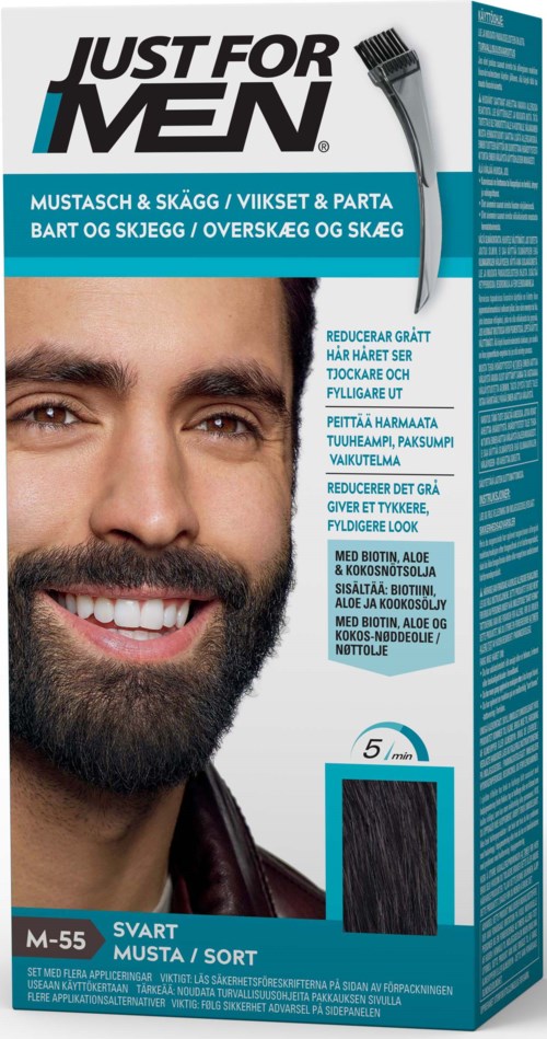 A grooming product box features a smiling man with a beard, text in English and Scandinavian languages, and a hair dye sample.