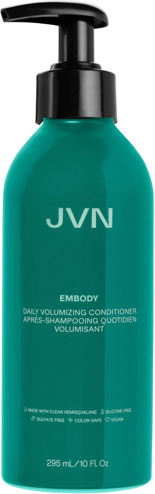 Eine türkisfarbene Flasche mit schwarzem Pumpkopf, beschriftet mit 'JVN EMBODY Daily Volumizing Conditioner'.