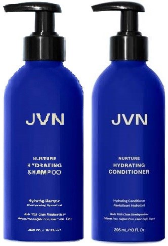 Zwei blaue Flaschen Haarpflegeprodukte, eine ist Shampoo und die andere Conditioner, beide mit JVN beschriftet.