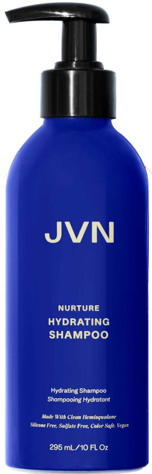 Blaue Flasche mit schwarzem Pumpkopf, gekennzeichnet mit JVN Nurture Hydrating Shampoo. Geeignet für alle Haartypen, enthält feuchtigkeitsspendende Inhaltsstoffe.