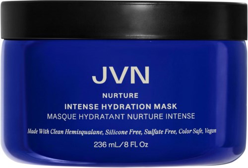 Blauer Behälter mit schwarzem Deckel, Beschriftung sagt JVN Nurture Intensive Hydration Mask, 236 ml, vegan und sulfatat.