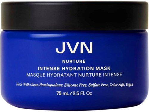 Blauer Behälter von JVN Nurture Intense Hydration Mask mit schwarzem Deckel, für Feuchtigkeitsanwendung.