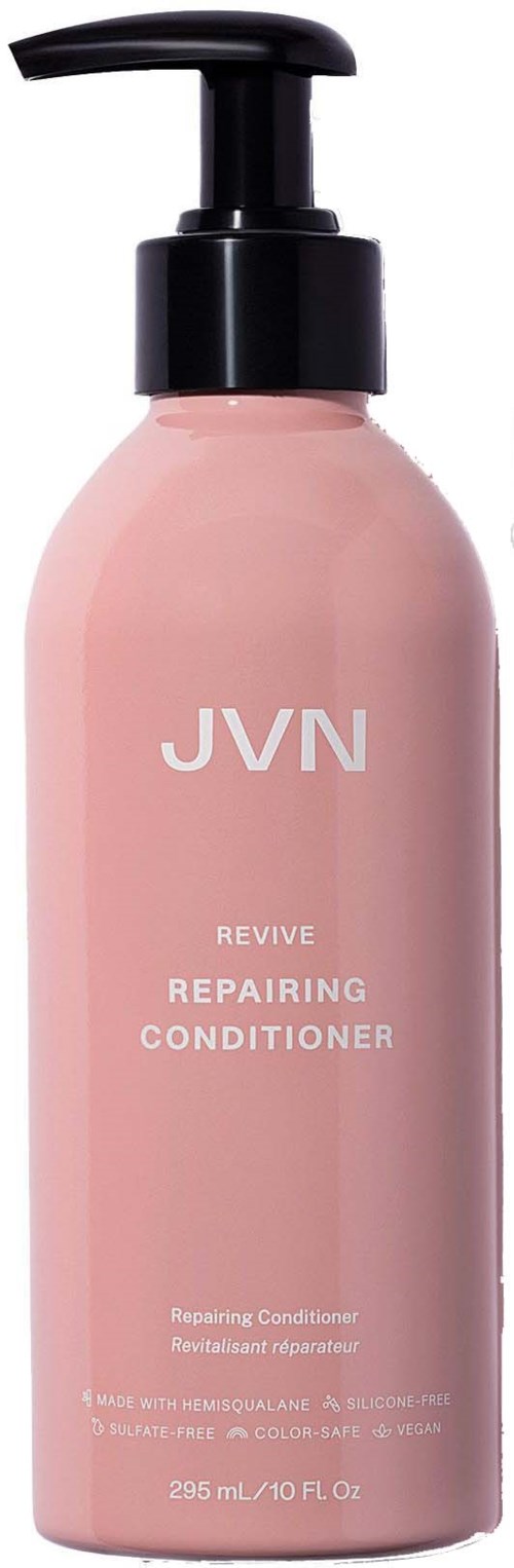 Rosa Flasche mit Pumpzeremonie, beschriftet 'JVN Revive Repairing Conditioner', 295ml, für Haorreparatur und Erneuerung.