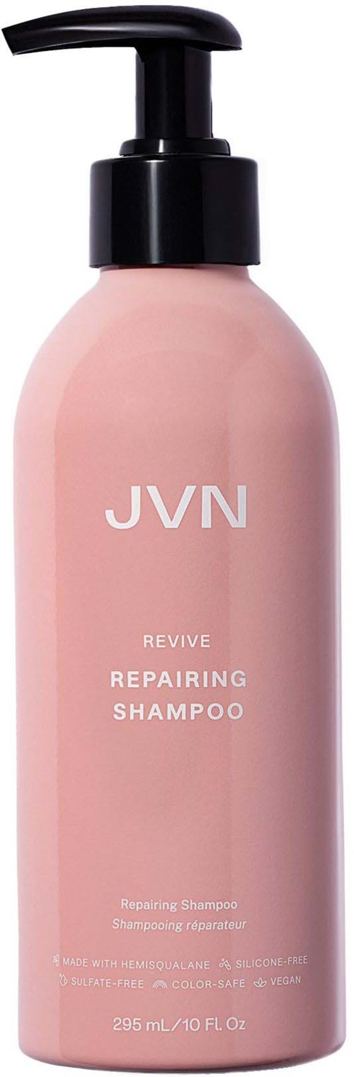 Rosa-Shampoo-Flasche mit schwarzem Pumpkopf, gekennzeichnet JVN Revive Repairing Shampoo.