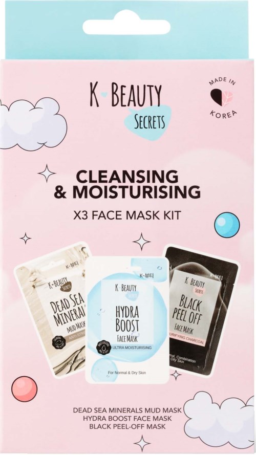Verpackung zeigt drei Gesichtsmasken für Reinigung und Feuchtigkeitsbindung, mit verschiedenen Inhaltsstoffen, in rosa Box.