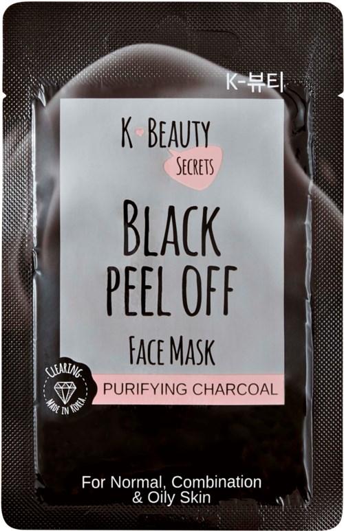 Een gezichtsmaskerverpakking met label 'Black Peel Off Face Mask' met 'Purifying Charcoal' voor vette huid.