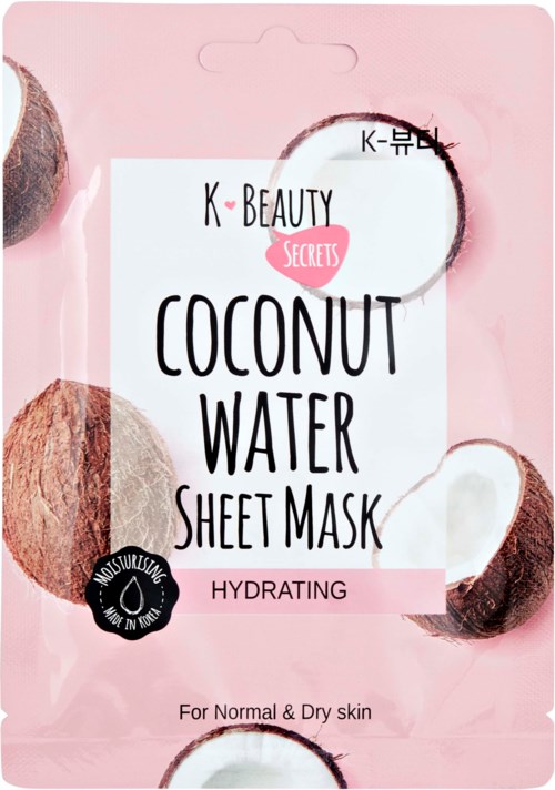 Een roze verpakking bevat een kokoswaterbladvouwmasker met kokosafbeeldingen, bevordert hydratatie voor normale en droge huid.