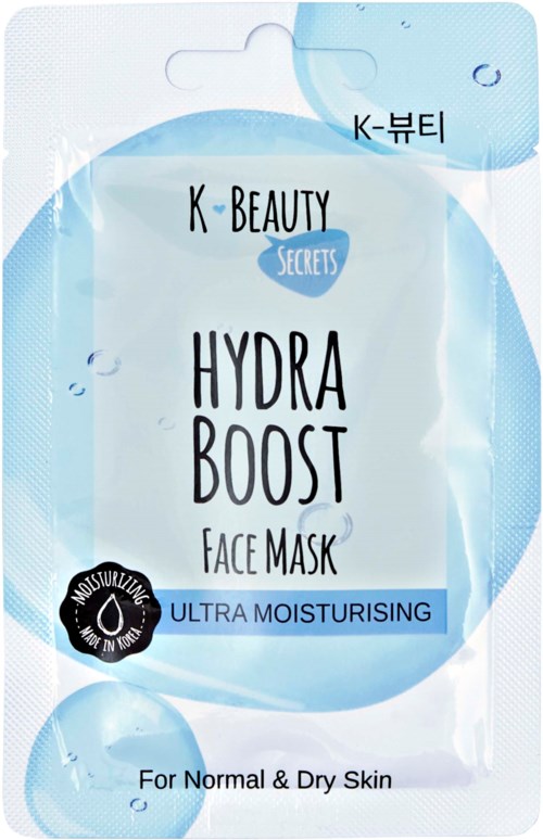 Een gezichtsmaskerverpakking met de naam 'Hydra Boost' van K-Beauty, voor normale en droge huid, belooft diepe hydratatie.