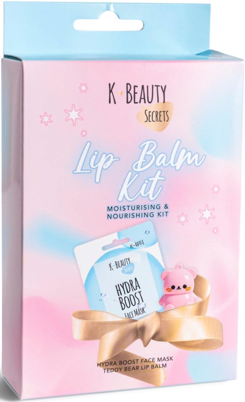 K. Beauty Lip Balm Kit with a teddy bear design and a pink ribbon on pastel pink and blue packaging.