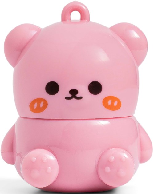 A cute pink bear-shaped container with a small handle on top, round paws, and a simple face with black eyes and mouth.