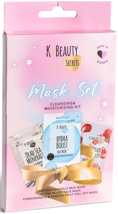 K Beauty Masks set with three different face masks and a gold ribbon, on pink and white packaging.