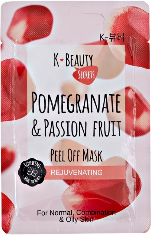 Een maskerverpakking met granaatappel en passievrucht, toont rode fruitafbeeldingen en text voor huidverzorging. Verjongende masker.