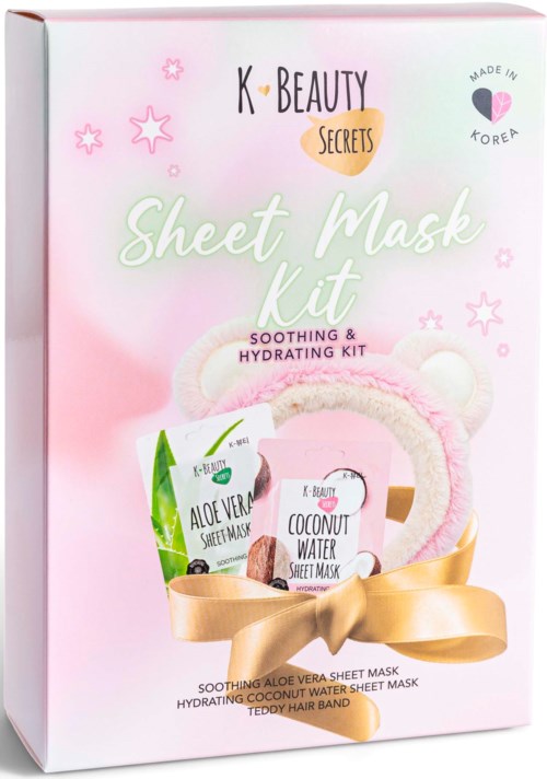 Pink and white sheet mask kit with aloe vera and coconut water, includes a teddy bear headband and a gold ribbon.