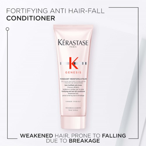 Kérastase anti-hair fall conditioner helps strengthen hair prone to falling. It is in a pink tube with black and red text.