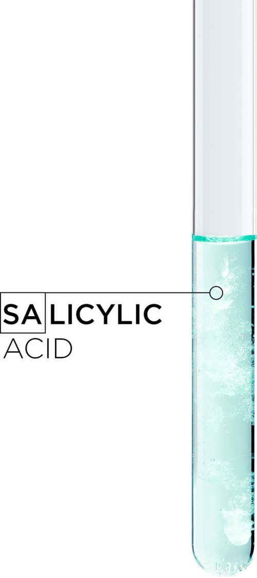 Een proefbuis bevat een heldere vloeistof met de tekst 'LICYLIC ACID'.