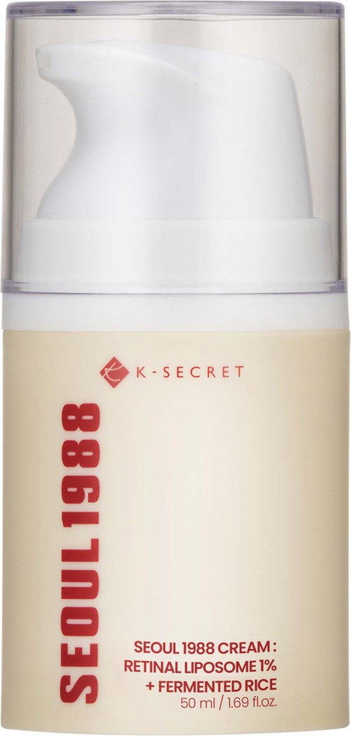 A tube of K-Secret Seoul 1988 Cream with a white pump, red and white label, and 50 ml size.