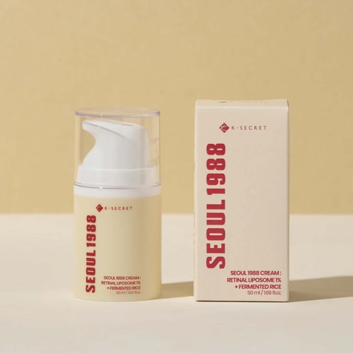 A skincare product with a pump bottle and box labeled 'Seoul 1988' for skin cream with rice extract.