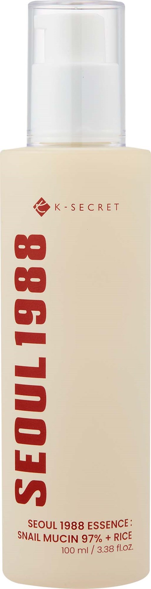 Bottle of Seoul 1988 essence with white liquid, red text, and clear cap, containing rice and snail mucin.