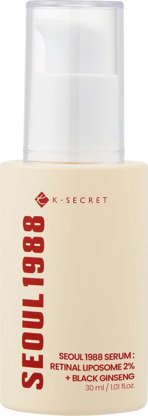A white bottle with a pump, labeled 'Seoul 1988' and mentions serum with retinol and ginseng, 30 ml.