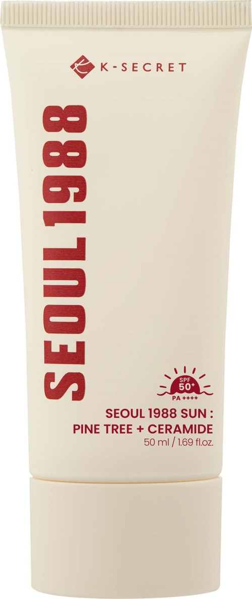 Tube with SPF 50, pine tree and ceramide ingredients, brand Seoul 1988 Sun.