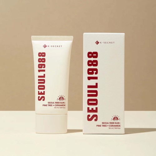 A skincare product with branding 'SEOUL 1988' and a matching box, ingredients include pine tree and ceramic.