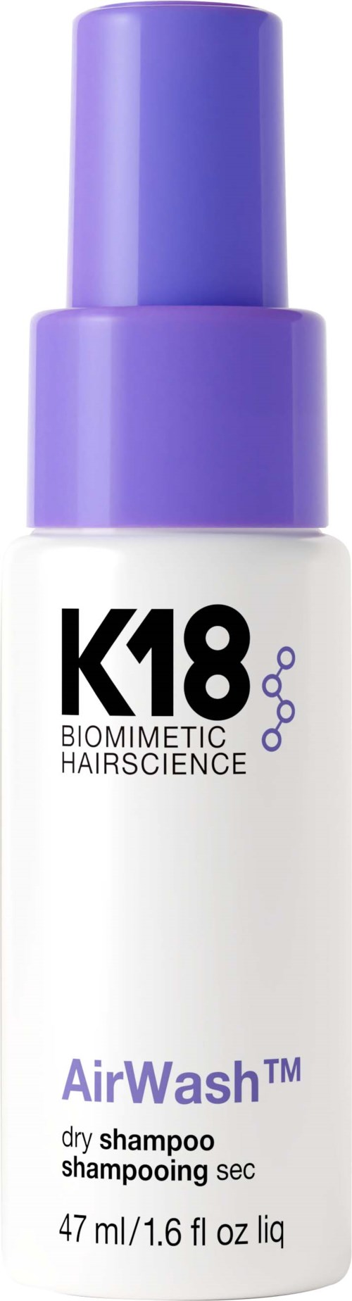 A white bottle with purple cap and spray top, labeled K18 AirWash dry shampoo, 47 ml.