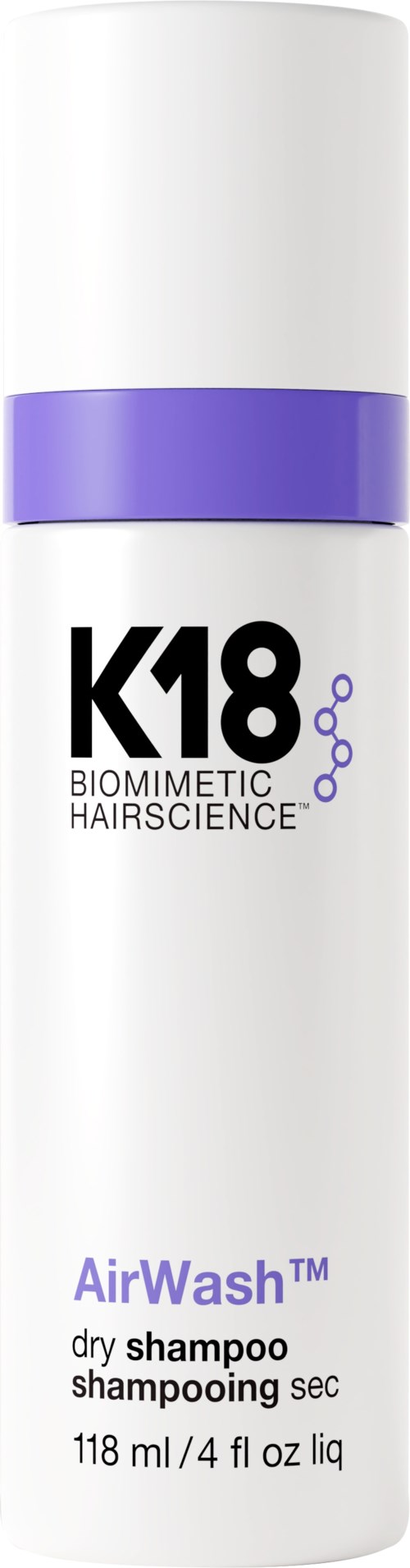 A white and purple bottle of K18 AirWash dry shampoo with text and a small molecular diagram.