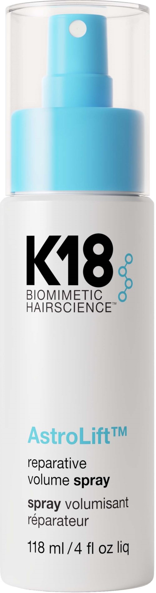 A white and blue spray bottle labeled K18, AstroLift, for hair treatment, with a blue spray nozzle.