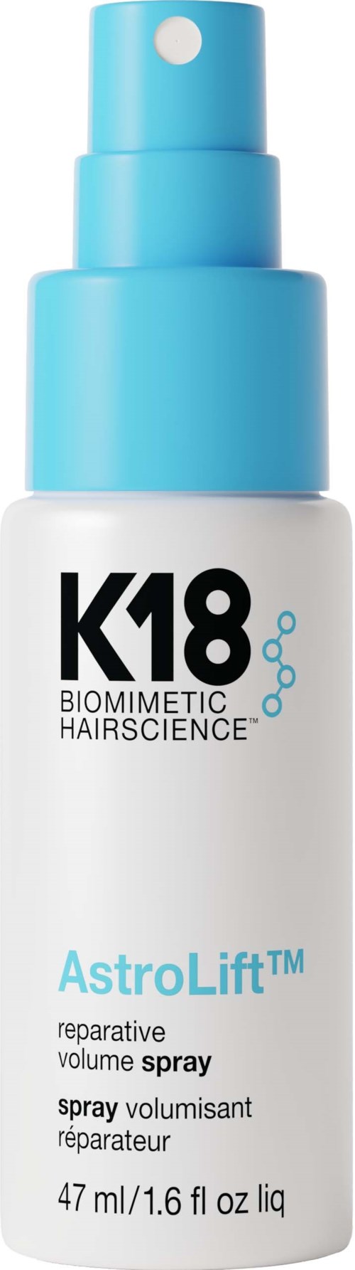 Blue spray bottle labeled K18 with the words 'Astro Lifeline' written on it.