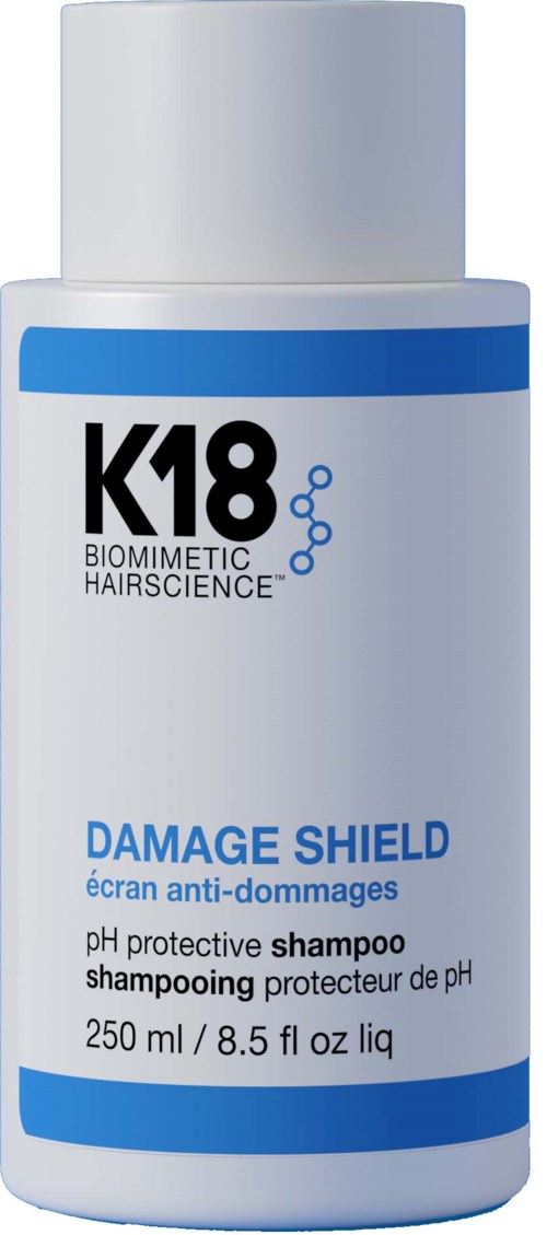 A white bottle of shampoo called Damage Shield with blue details, designed for hair protection, contains 250 ml.