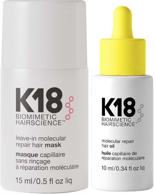 Two hair products, one in a white bottle with a pump and the other in a smaller bottle with a yellow dropper.
