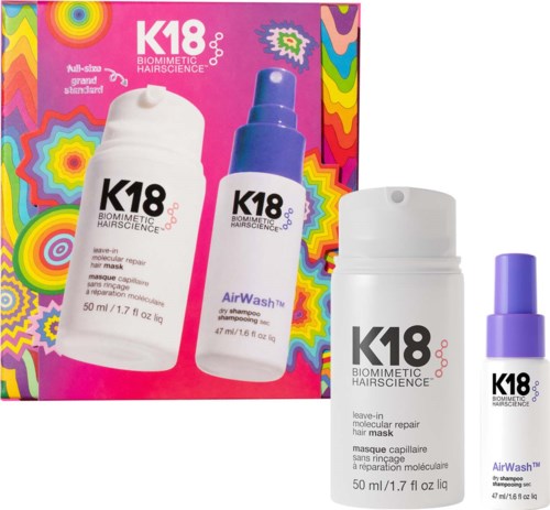 Box with K18 Biometric Hair Science products, including a leave-in repair hair mask and a dry shampoo spray.
