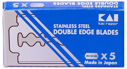 A blue and white box shows five stainless steel double edge blades, made in Japan, with a Kai Razor logo.