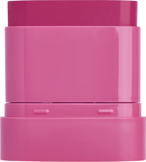 Drei gestapelte rosa Behälter mit abgerundeten Kanten und modernem Design.